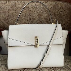 Henri Bendel Large Ivory Uptown Satchel with Gold Tone Hardware & Long Strap